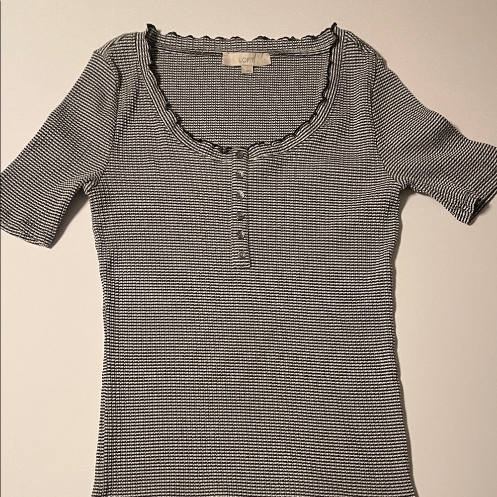LOFT Black & White Striped Ribbed Henley Tee